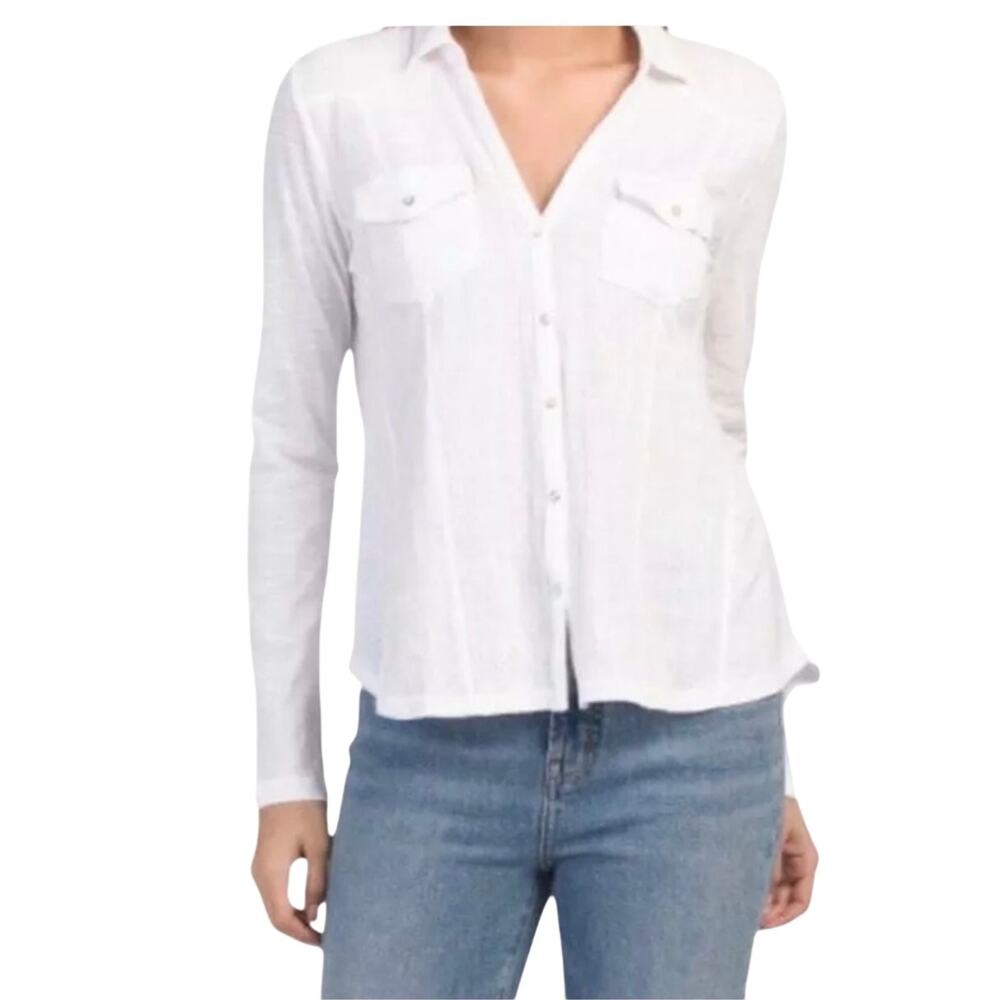 Lucky Brand Ladies White button down shirt, mixed jersey and crinkle, Size XS